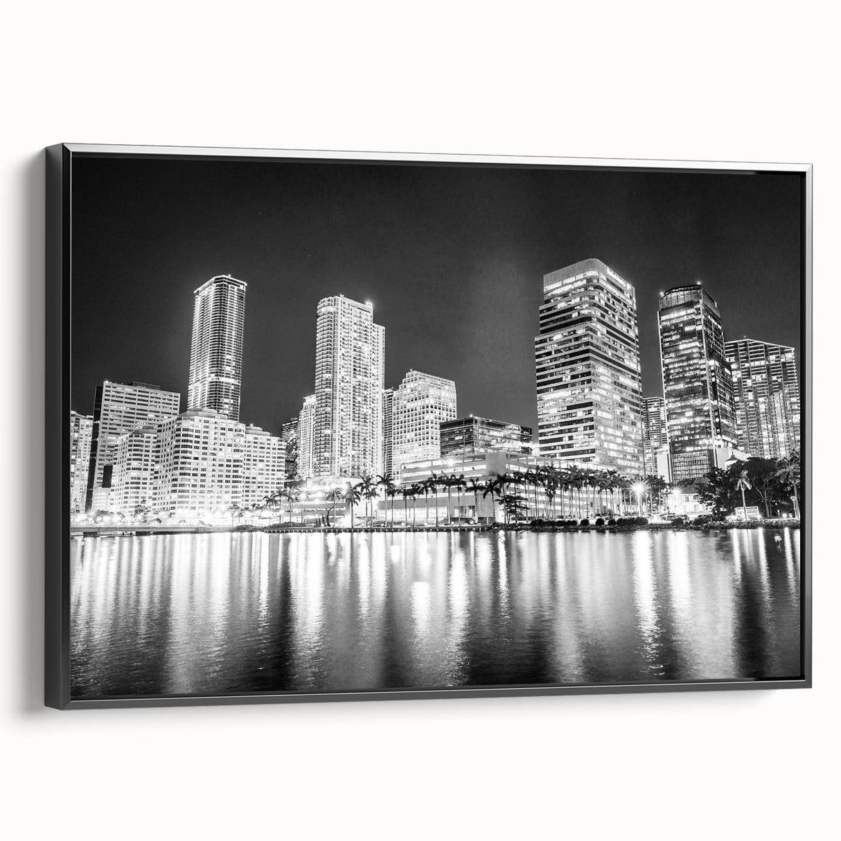 Black and white framed canvas of Miami landscape, vintage poster style, ideal for bedroom wall art.