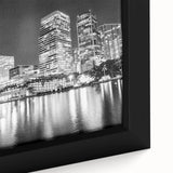 Close-up of textured Miami skyline on black canvas with vibrant, colorful accents, ideal for living room decor.
