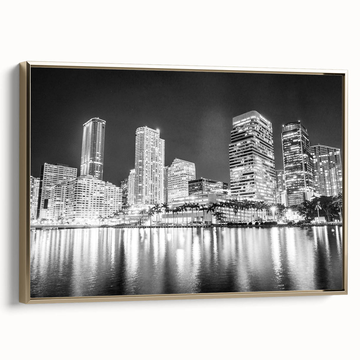 Framed canvas featuring a vintage-style landscape of Miami in black and gold tones, ideal for bedroom wall art.