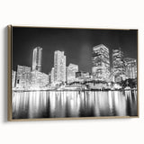 Framed canvas featuring a vintage-style landscape of Miami in black and gold tones, ideal for bedroom wall art.