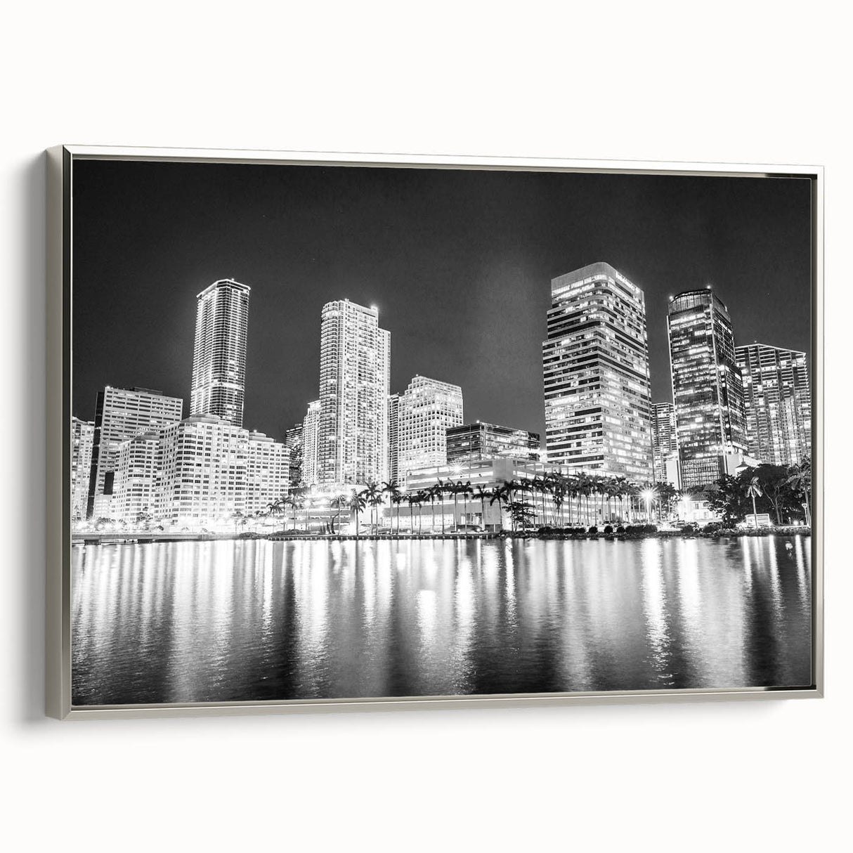Framed canvas featuring a vintage-style Miami landscape art painting with colorful elements on a black background.