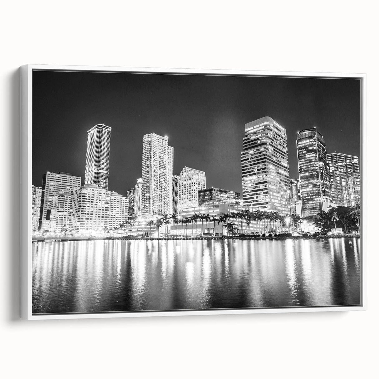 Vintage poster art of Miami skyline in vibrant colors on a large framed canvas, ideal for living room decor.