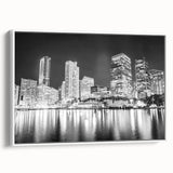 Vintage poster art of Miami skyline in vibrant colors on a large framed canvas, ideal for living room decor.