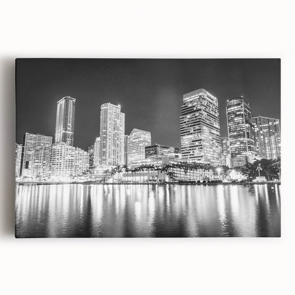Black and white large art print of Miami skyline on stretched canvas, ideal for kitchen wall art.