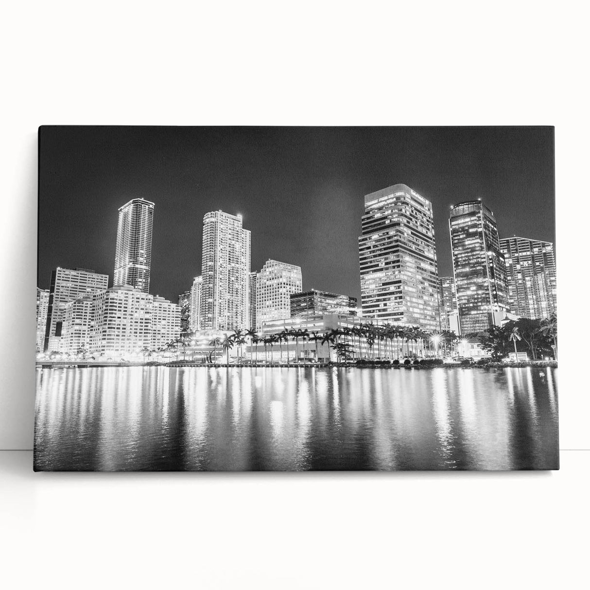 Black and white stretched canvas featuring a Miami skyline, ideal for kitchen wall art or bedroom ambiance.