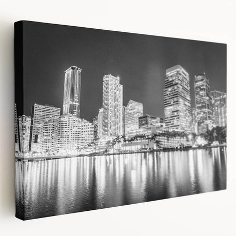 Scenic Miami skyline depicted in vibrant colors on a large stretched canvas, suitable for kitchen wall art.