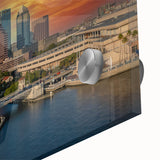 Large abstract depiction of Tampa, Florida, in vibrant orange and blue hues on acrylic glass, suitable for dining room art.