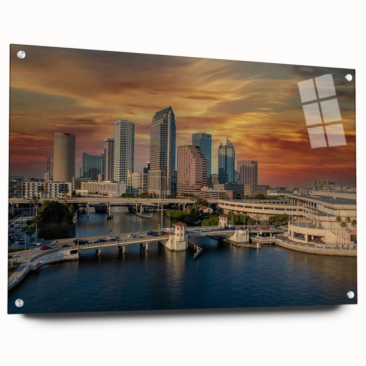 Acrylic print of Tampa skyline with vivid blue and pink sunset hues, ideal for dining room decor.