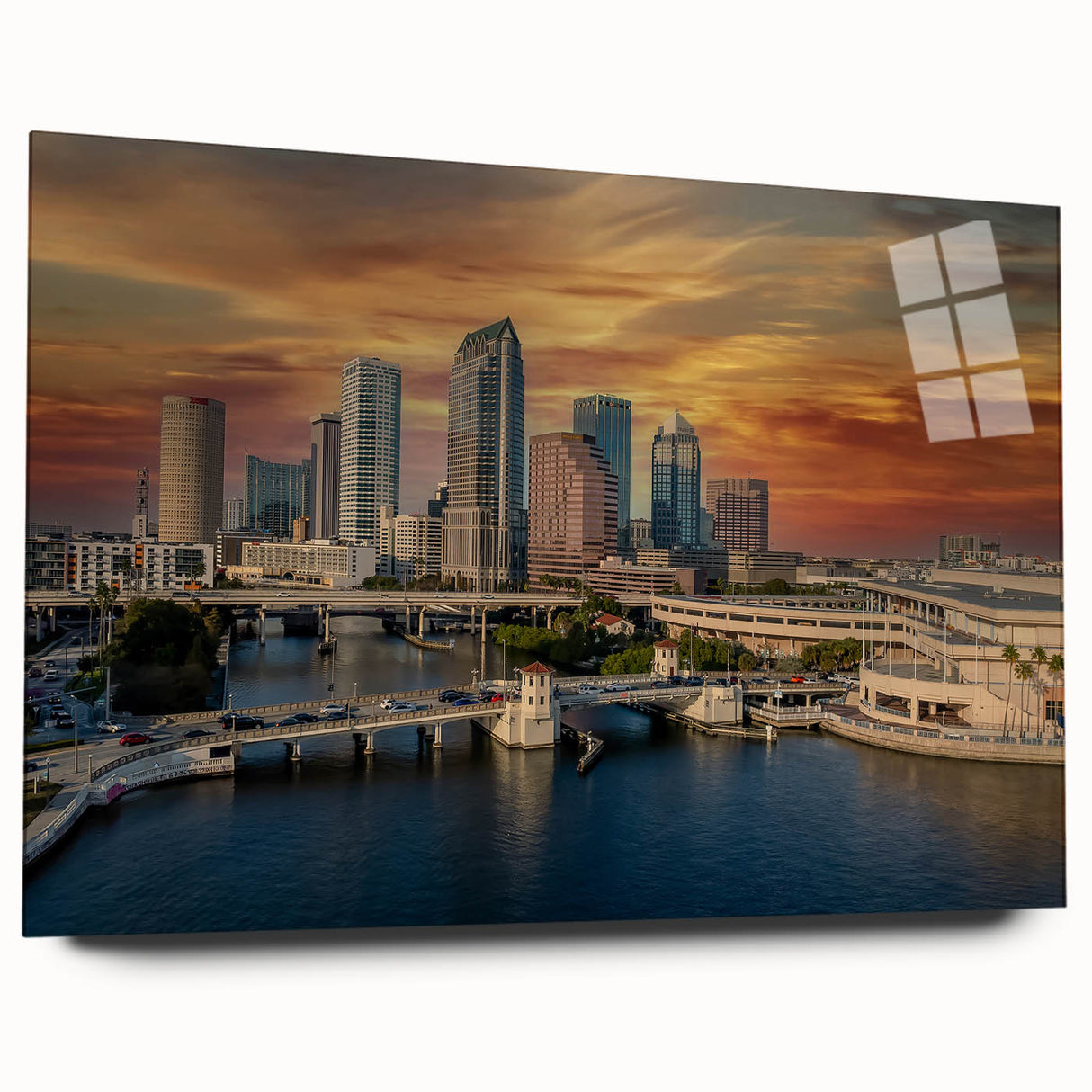 Acrylic print of a large abstract depiction of Tampa, featuring vibrant blue and orange hues.