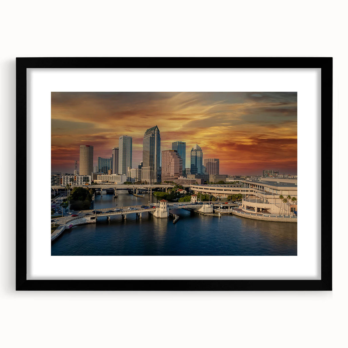 Abstract art print of Tampa scenery in vibrant colors on a textured, extra large canvas, ideal for living room decor.