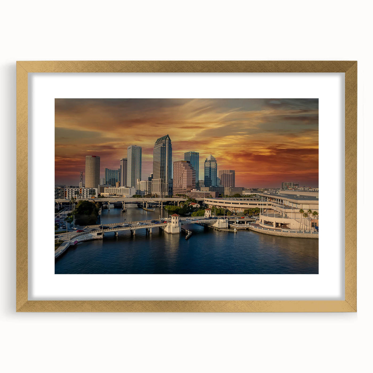 Extra large abstract art print of Tampa scenery in textured style, with muted earth tones on a gold-framed canvas.
