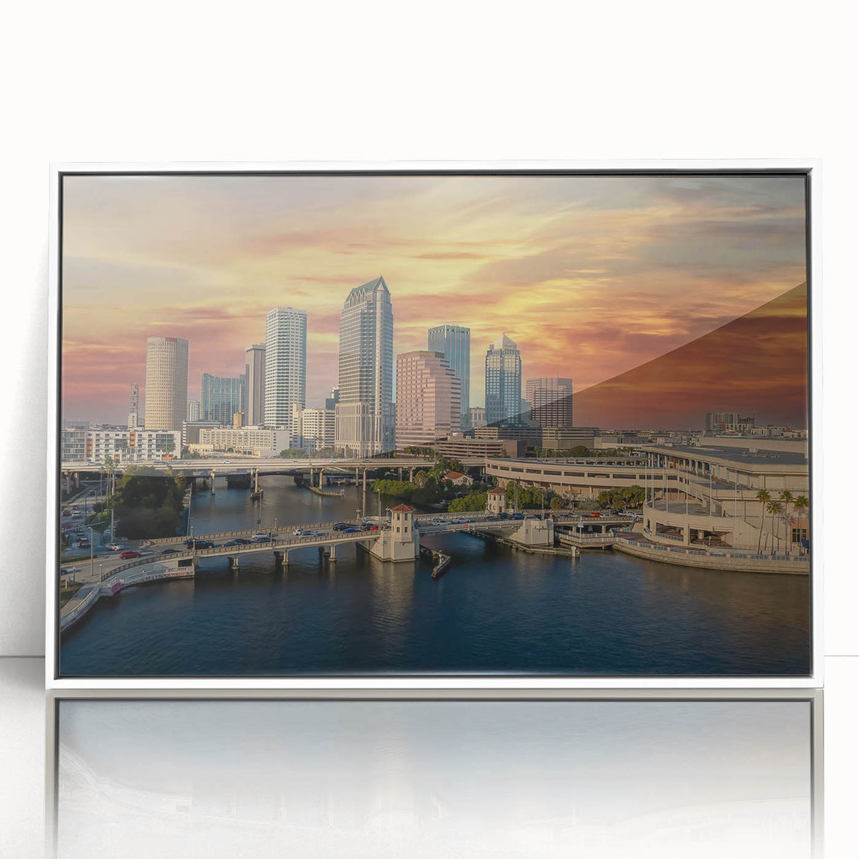 Framed acrylic print of Tampa skyline in art deco style with pastel hues, ideal for modern nursery wall art.
