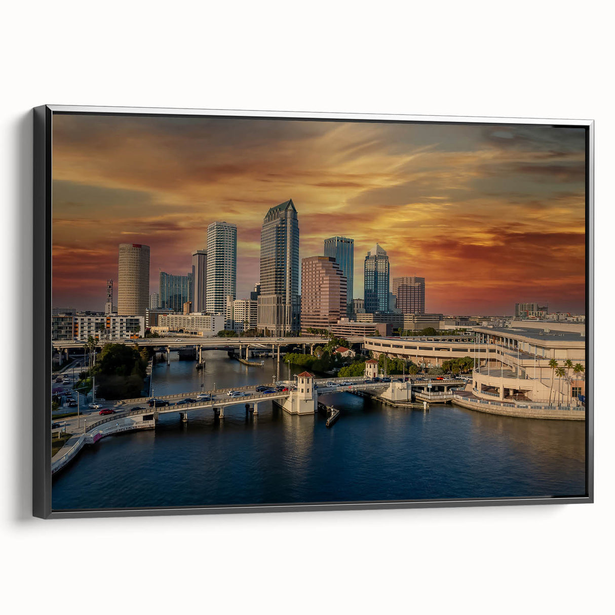 Black and white wall art featuring a vintage Tampa landscape on framed canvas, suitable for bedroom decor.