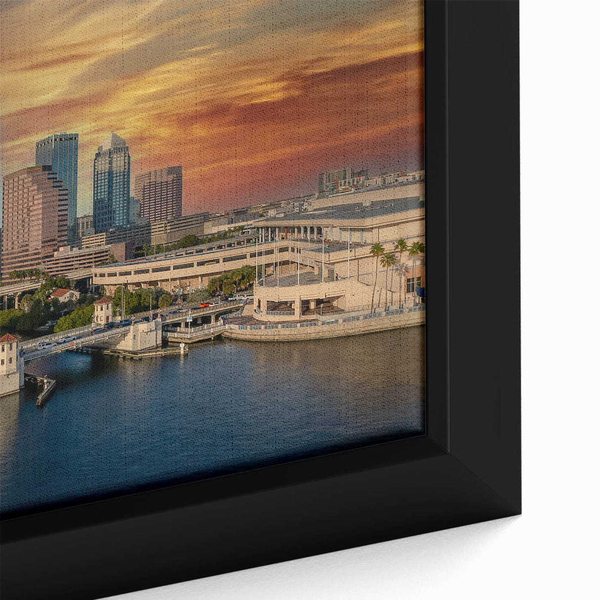 Framed canvas featuring a textured depiction of Tampa skyline in black with colorful accents.