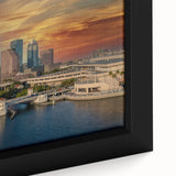 Framed canvas featuring a textured depiction of Tampa skyline in black with colorful accents.