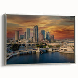 Landscape art painting of Tampa skyline in colorful hues on a silver-framed canvas, ideal for office decor.