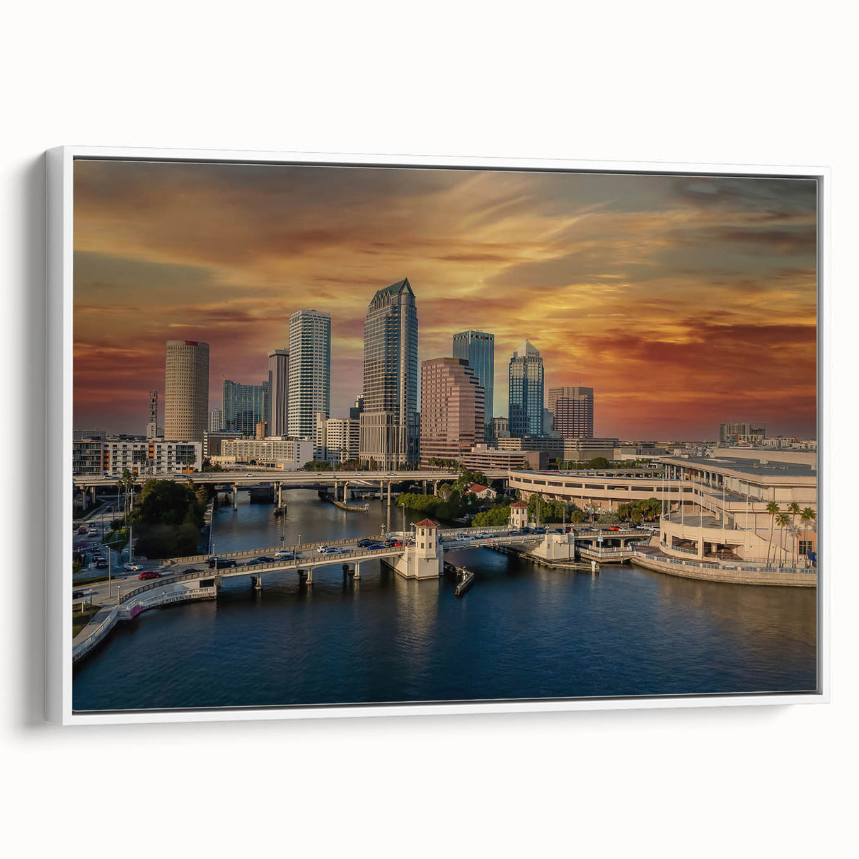 Vintage poster art of Tampa, Florida skyline in colorful hues on extra large framed canvas, suitable for living room decor.