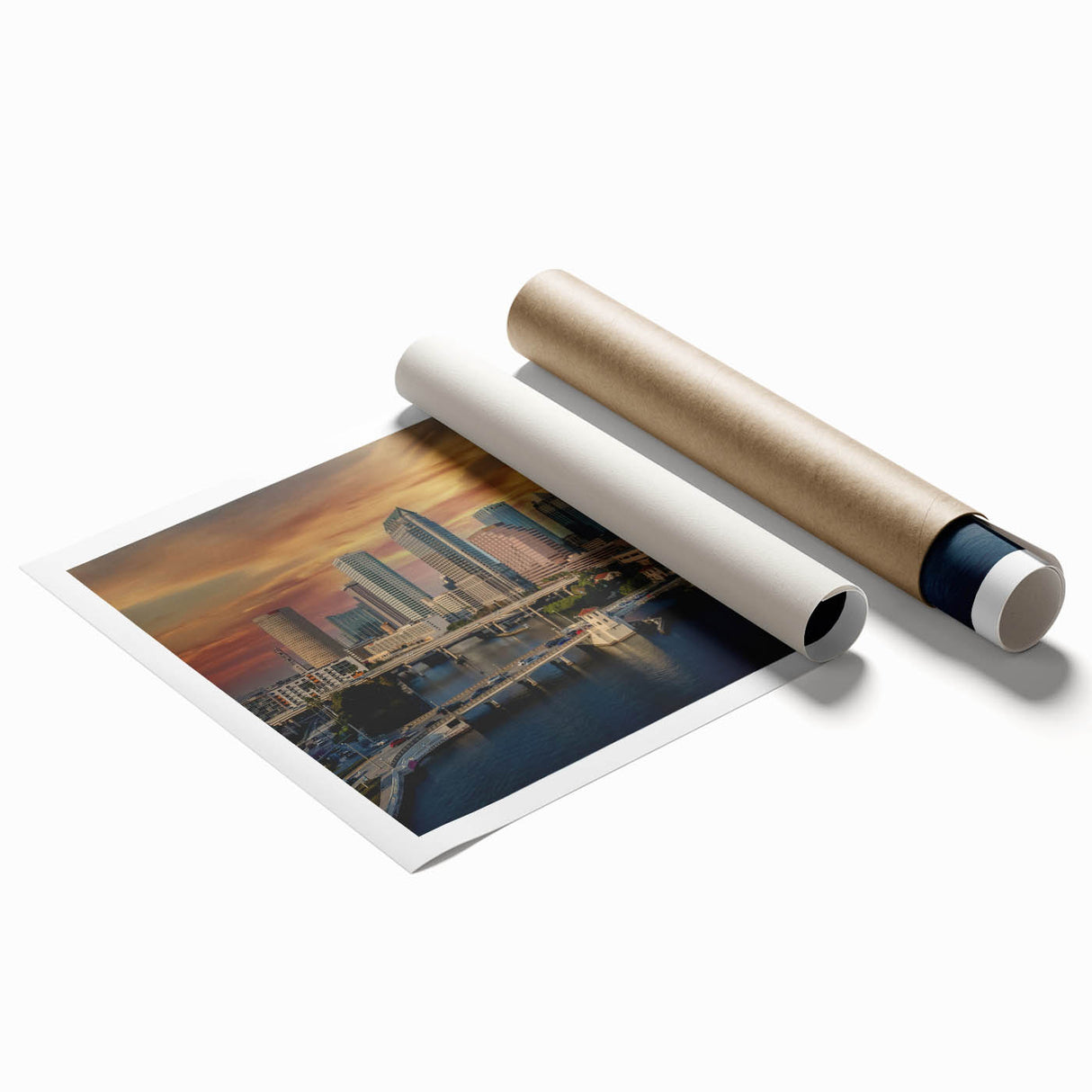 Extra large rolled print of Tampa scenery with floral elements in muted colors, ideal for classy bathroom wall art.