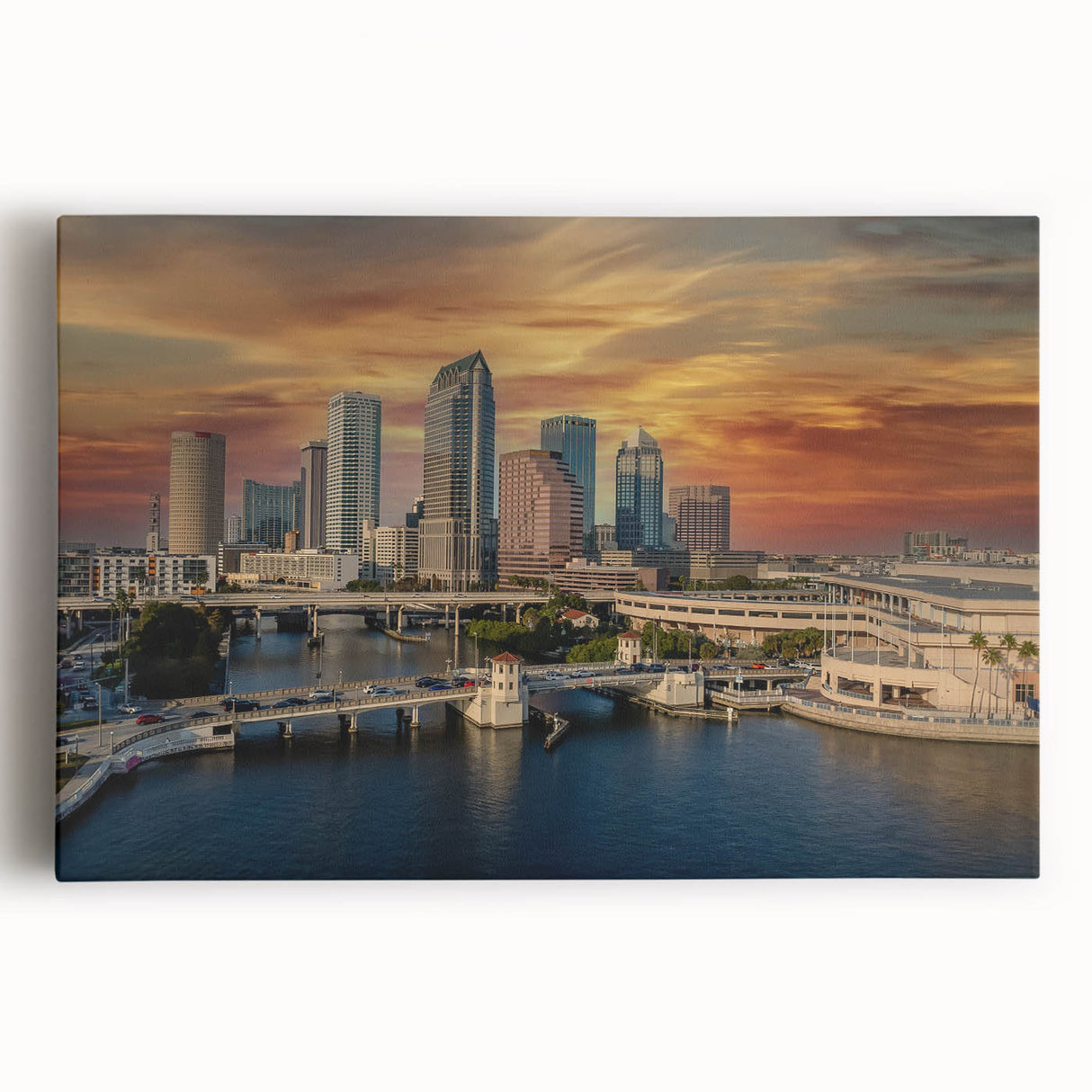 Black and white large art of Tampa skyline on stretched canvas, ideal for kitchen wall art.