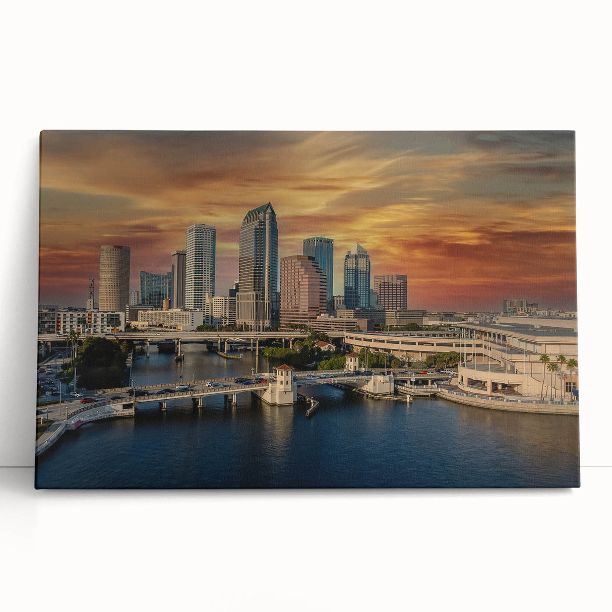 Black and white photo of Tampa skyline on large stretched canvas, suitable as kitchen wall art or bedroom decor.