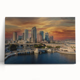 Black and white photo of Tampa skyline on large stretched canvas, suitable as kitchen wall art or bedroom decor.