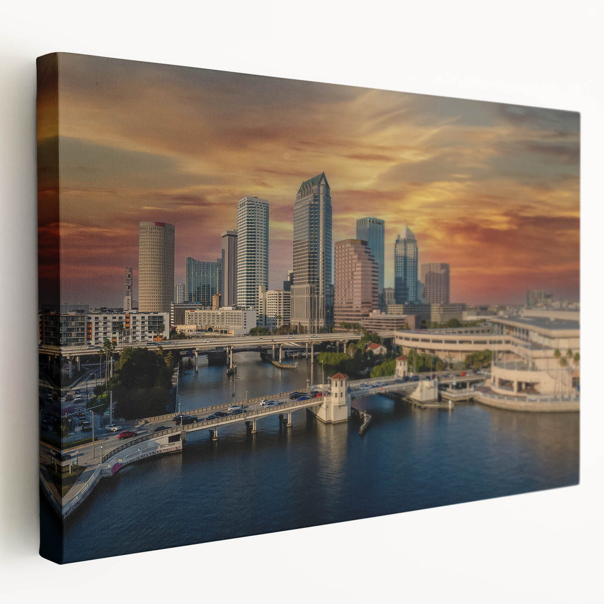 Large art print of Tampa skyline in muted blue and gray tones on stretched canvas, ideal for kitchen wall art.