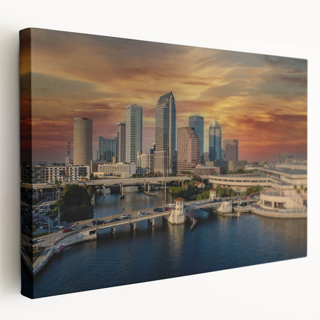 Large art print of Tampa skyline in muted blue and gray tones on stretched canvas, ideal for kitchen wall art.