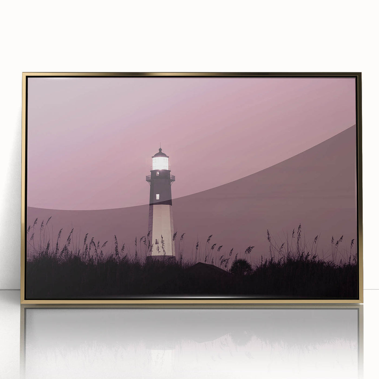 Framed acrylic print of Savannah, Georgia, in mid-century modernist style with gold tones, ideal for modern art wall decor.