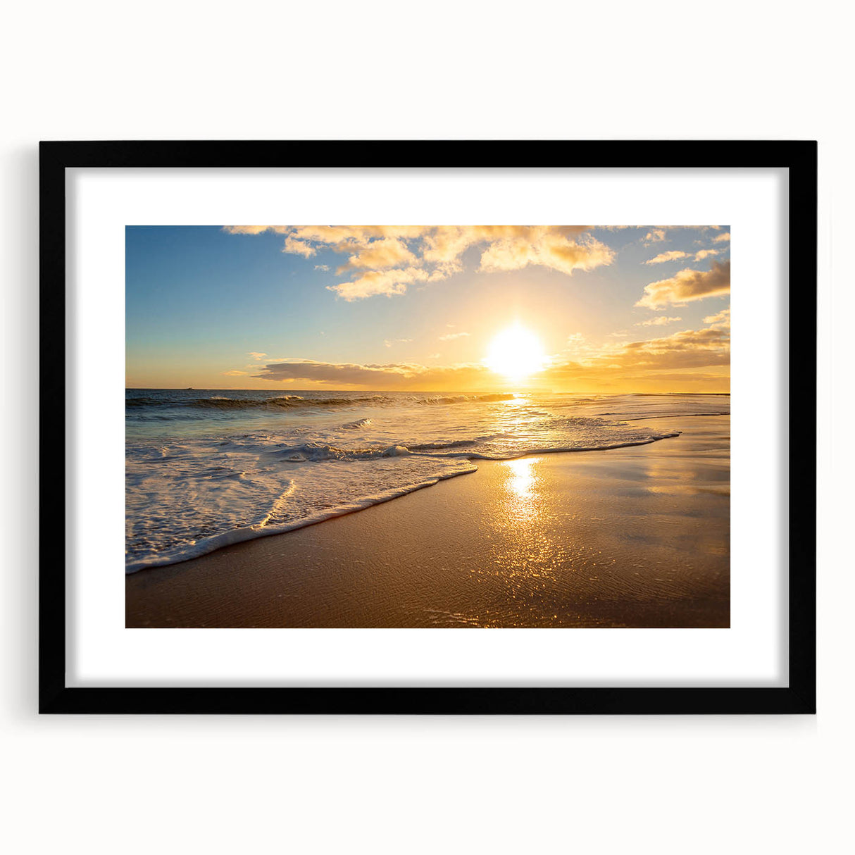 Abstract art print of Kauai scenery in vibrant colors on a textured, extra large canvas, framed in black.