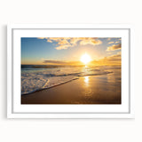 Abstract art print of Kauai, Hawaii, in muted green and blue tones on a white framed mat, ideal for dining room decor.