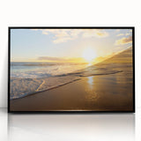 Large abstract wall art depicting the Kauai landscape in muted green and blue tones, framed in black acrylic.