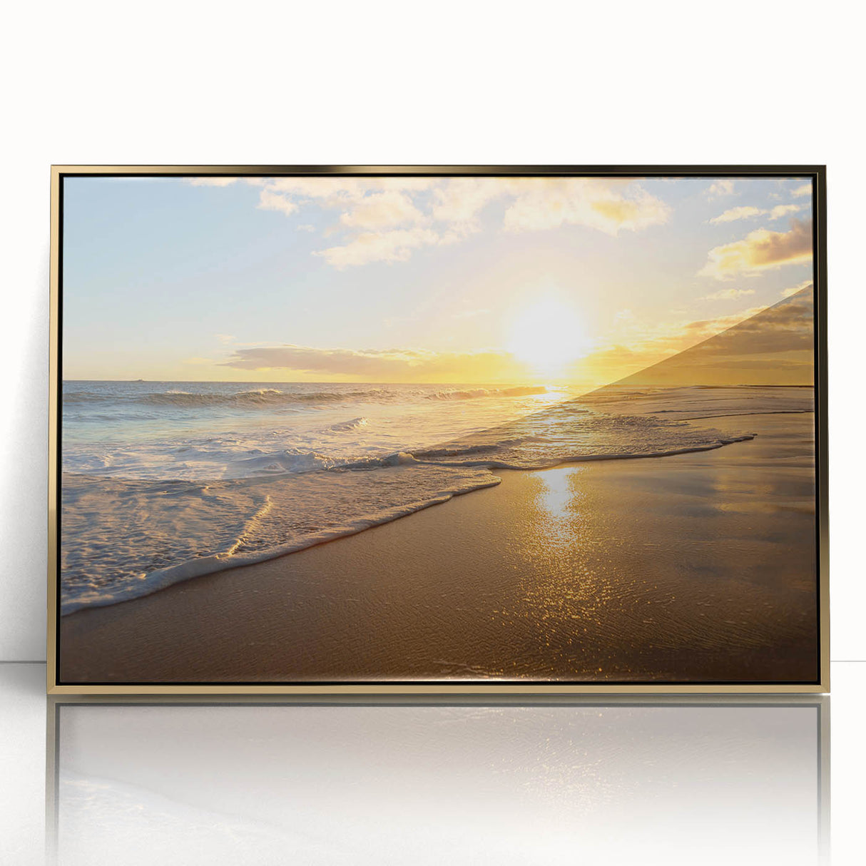 Acrylic print of Kauai landscape in gold frame, featuring muted green and blue tones, ideal for modern art wall decor.