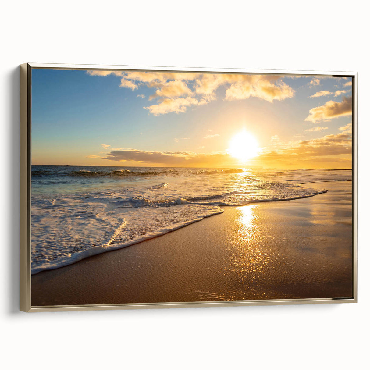 Framed canvas featuring a vintage-style landscape painting of Kauai, Hawaii, with muted gold and black tones.