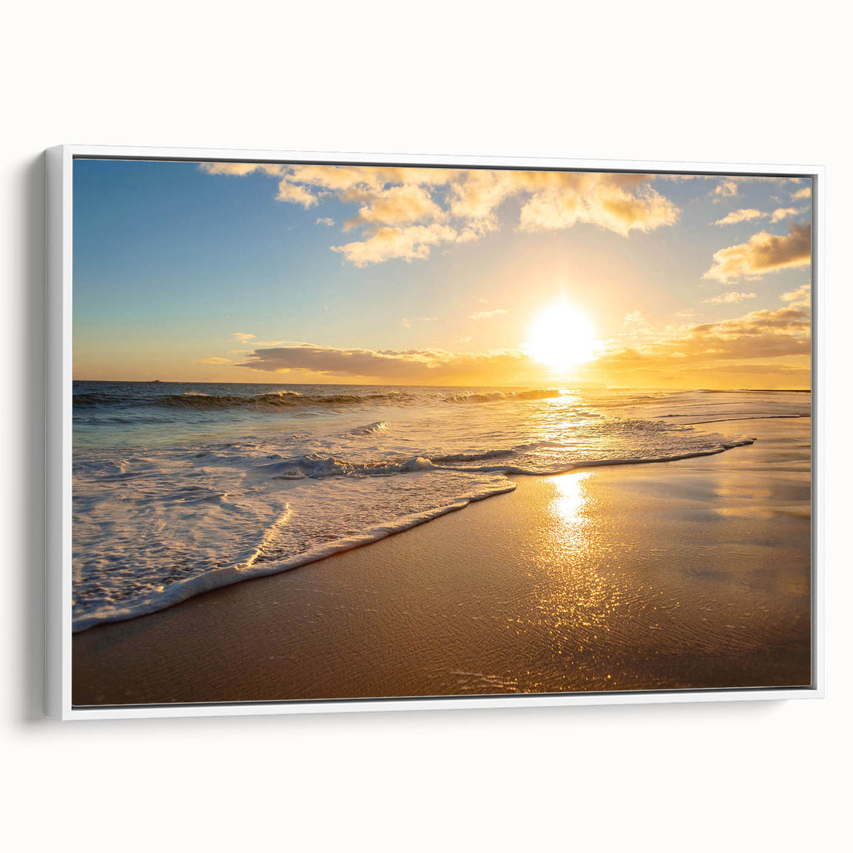 Extra large framed canvas of vintage poster art depicting colorful Kauai scenery, ideal for living room decor.