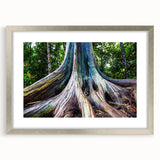 Textured abstract art print of Maui scenery in muted green and blue tones on a framed silver mat, ideal for bedroom art.