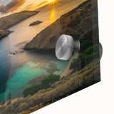 Large abstract wall art of Oahu, Hawaii, in muted green and blue tones on acrylic glass, suitable for dining room ambiance.