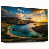Large abstract wall art depicting Oahu, Hawaii scenery in vibrant blue and green hues on acrylic glass.