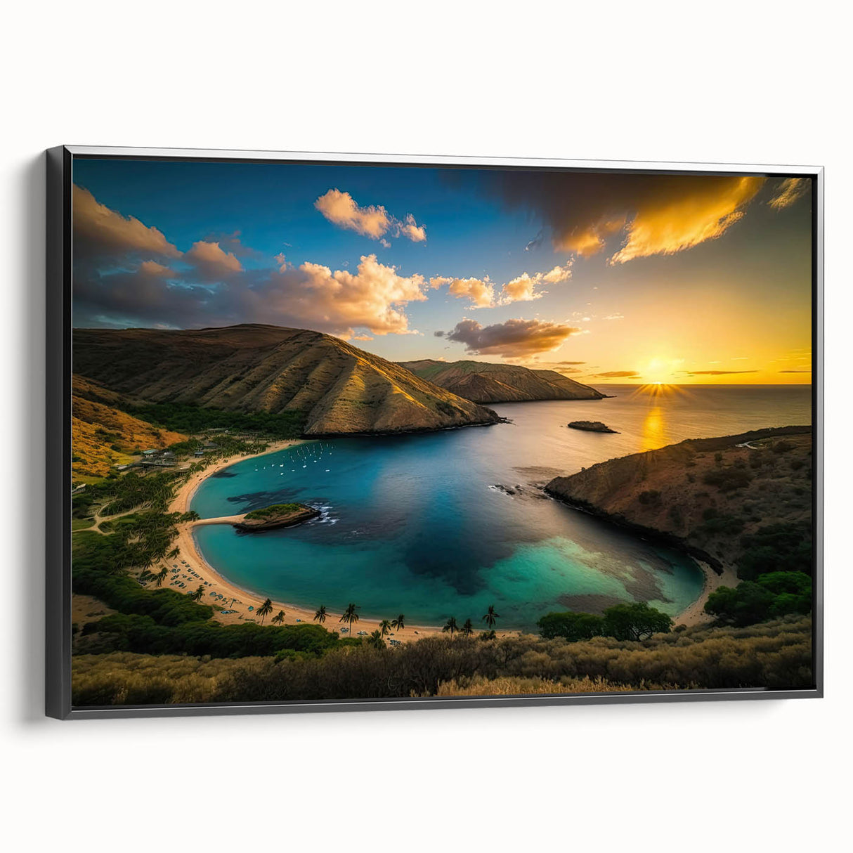 Framed canvas of a black and white vintage-style landscape painting of Oahu, Hawaii, ideal for bedroom wall art.