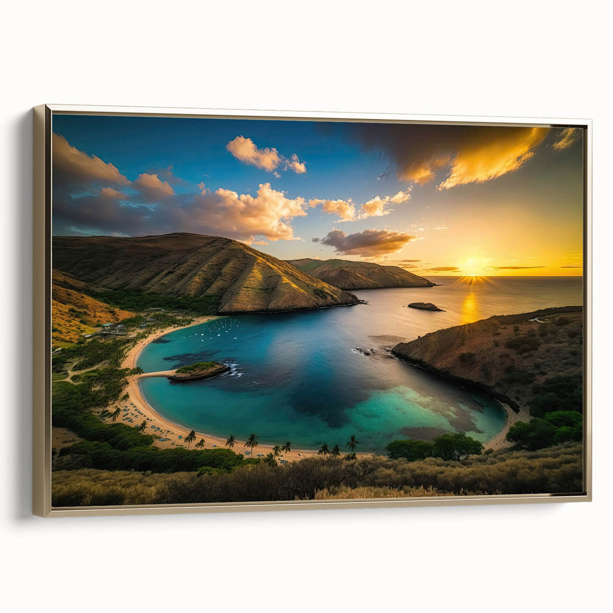 Framed canvas depicting a vintage-style landscape of Oahu, Hawaii in muted gold and black tones, ideal for bedroom wall art.