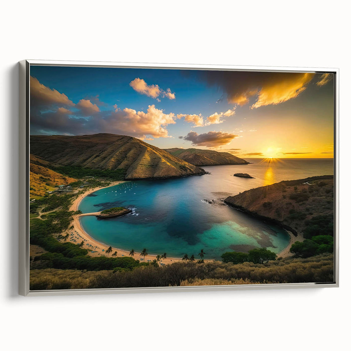 Landscape art painting of Oahu, Hawaii, featuring vibrant colors on a framed canvas, ideal for enhancing living room decor.