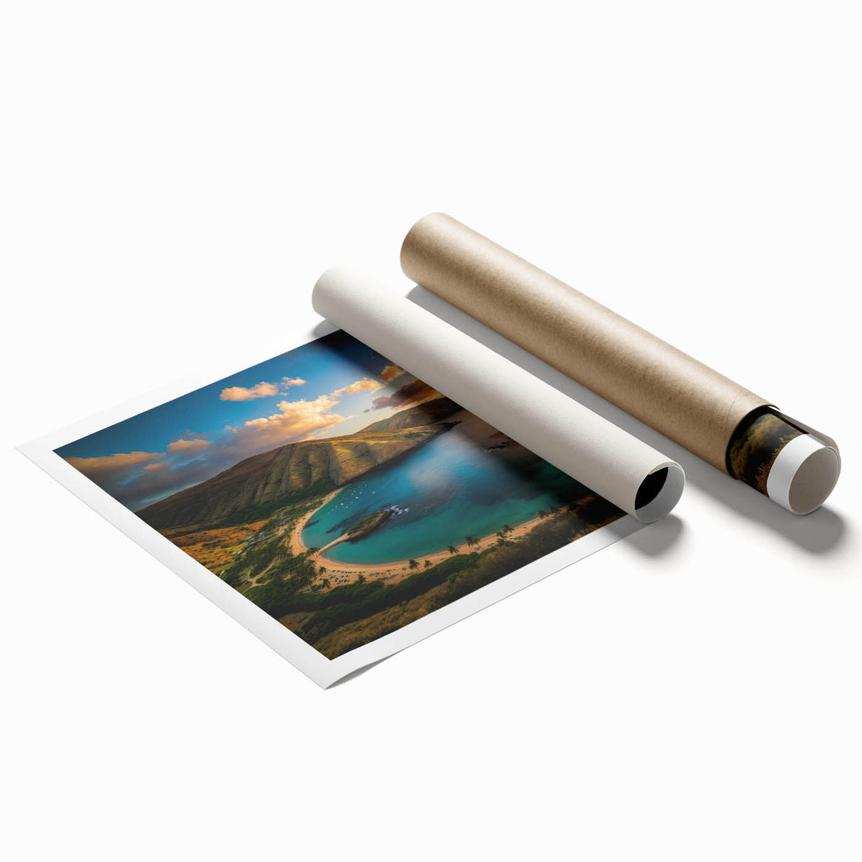 Extra large rolled print of Oahu, Hawaii scenery with vibrant floral elements, ideal for classy bathroom wall art.