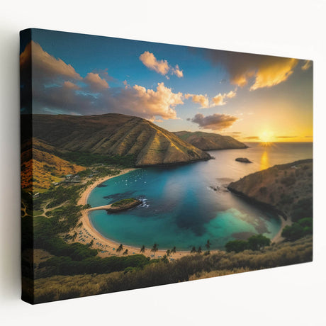 Scenic Oahu coastline depicted on a large stretched canvas, featuring vibrant blue and green tones.