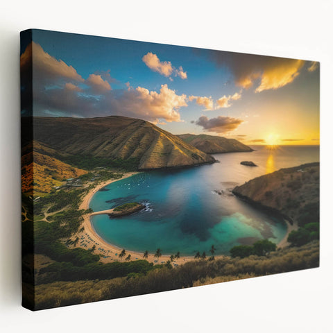 Scenic Oahu coastline depicted on a large stretched canvas, featuring vibrant blue and green tones.