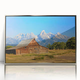 Mid-century modernist art depicting Idaho scenery in muted earth tones on a silver-framed acrylic print.