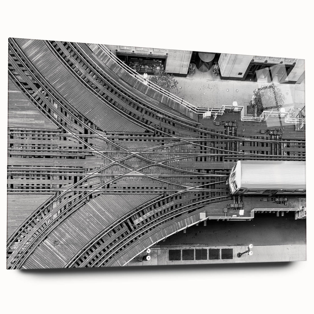 Acrylic print of a large abstract depiction of Chicago skyline in muted gray and blue tones.