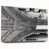 Acrylic print of a large abstract depiction of Chicago skyline in muted gray and blue tones.