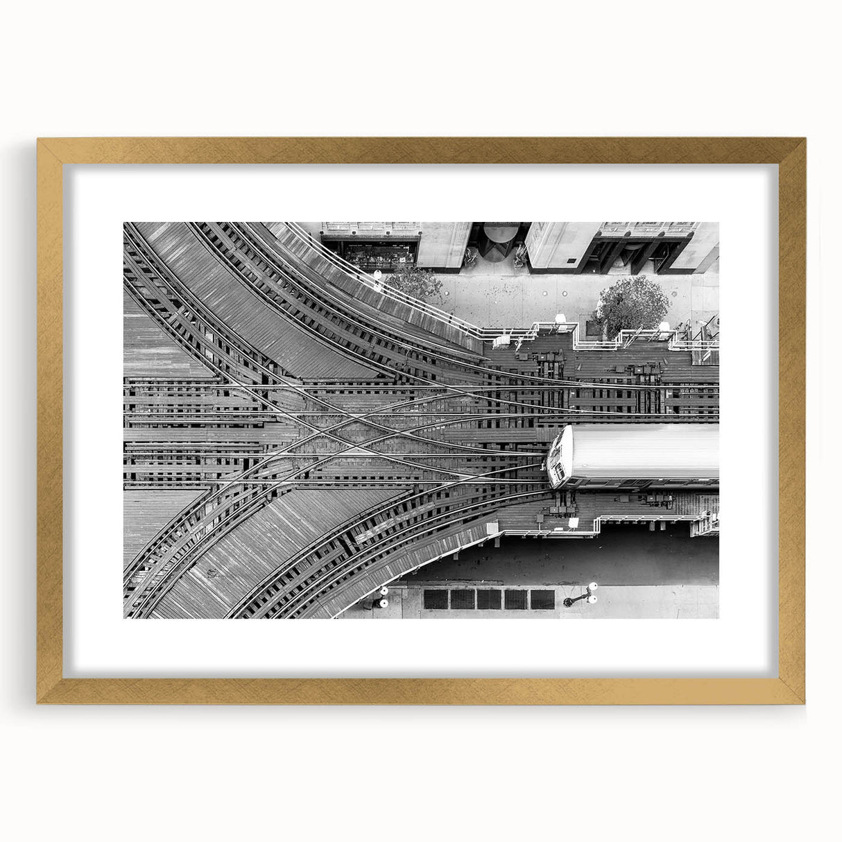 Extra large abstract art print of Chicago skyline in textured gold frame, suited for living room wall.