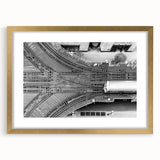 Extra large abstract art print of Chicago skyline in textured gold frame, suited for living room wall.