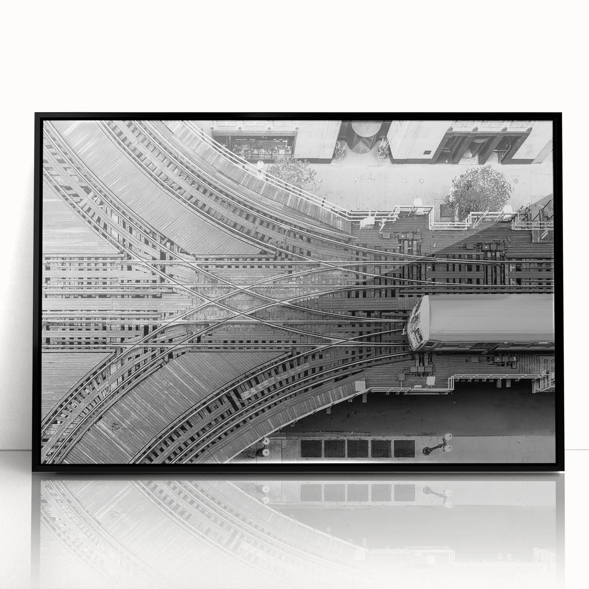Large abstract wall art of Chicago skyline in black and white tones, acrylic print in a black frame.