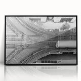 Large abstract wall art of Chicago skyline in black and white tones, acrylic print in a black frame.